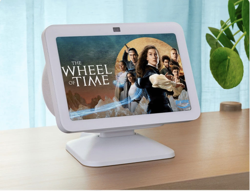 White Echo Show 8 (3rd Gen) displaying Prime Video content with The Wheel of Time