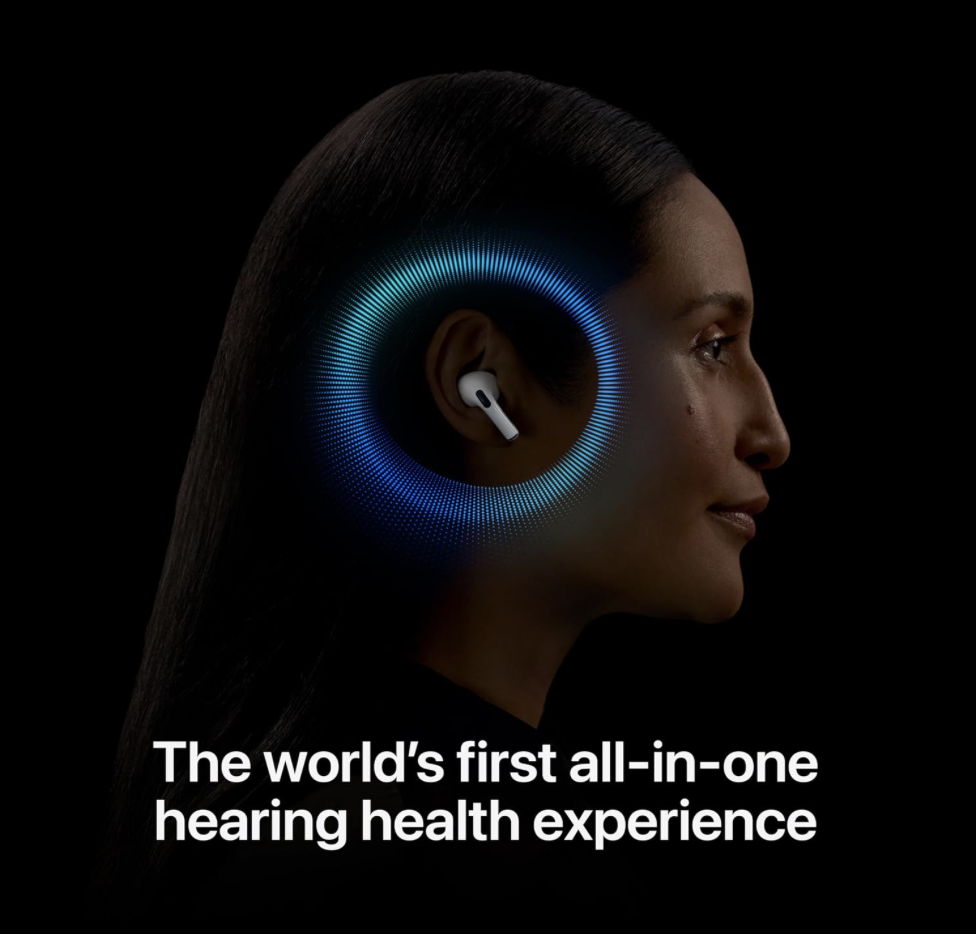 AirPods Pro shown in ear with vibrant audio ring representing hearing health features