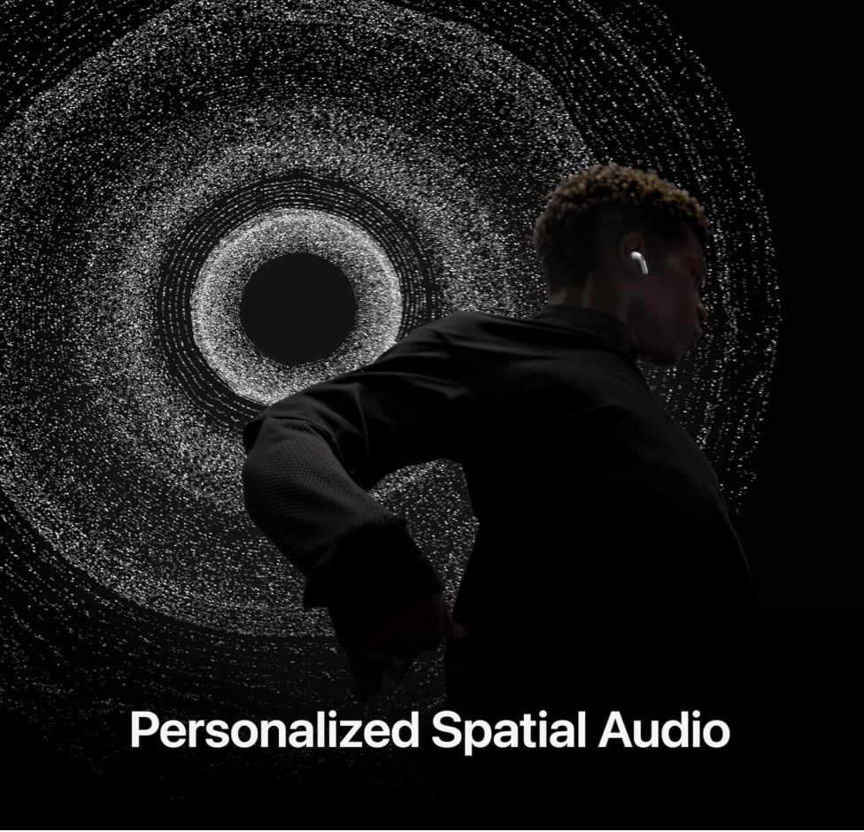 Person wearing AirPods Pro with personalized spatial audio visualized in circular soundwaves