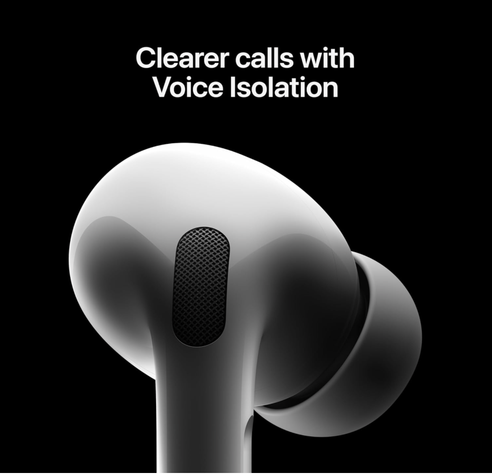 Close-up of AirPods Pro earbud highlighting voice isolation microphone design