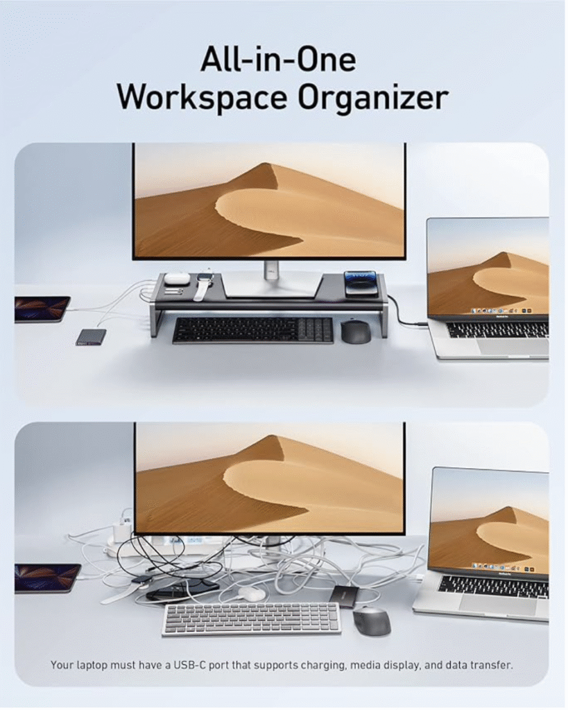 Anker 675 docking station compared to messy setup, showing workspace cable organization with USB-C connectivity
