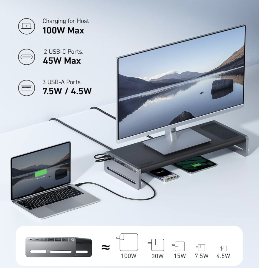 Anker 675 USB-C Docking Station with monitor, laptop, and wireless charging devices in a modern desk setup