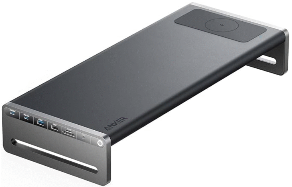 Close-up of the Anker 675 docking station featuring USB-C ports, SD reader, and wireless charging pad