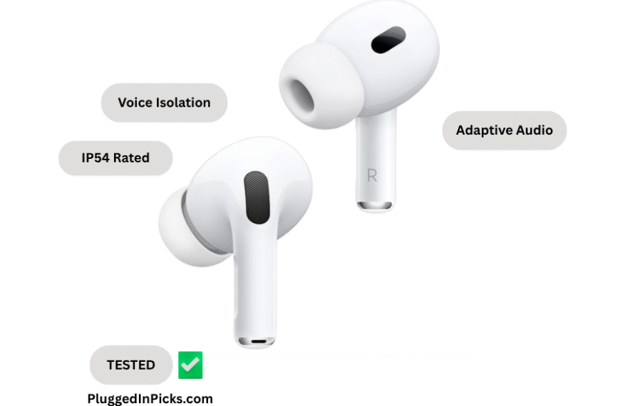 Apple AirPods Pro 2 wireless earbuds shown from front and side angle on white background