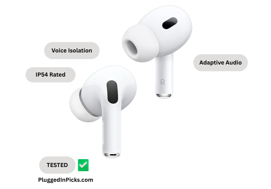 Apple AirPods Pro 2 wireless earbuds shown from front and side angle on white background