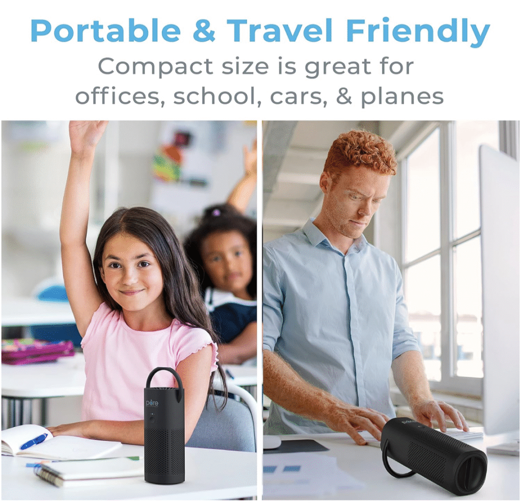 Portable air purifier by Pure Enrichment shown in a classroom and office setting, demonstrating its compact size and travel-friendly design. Ideal for freshening air in small spaces like classrooms, cars, and offices.