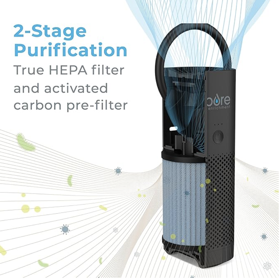 Portable air purifier by Pure Enrichment, showcasing a sleek black cylindrical design with a 2-stage HEPA filter and activated carbon pre-filter. The purifier is shown with airflow lines and icons indicating the filtration process.