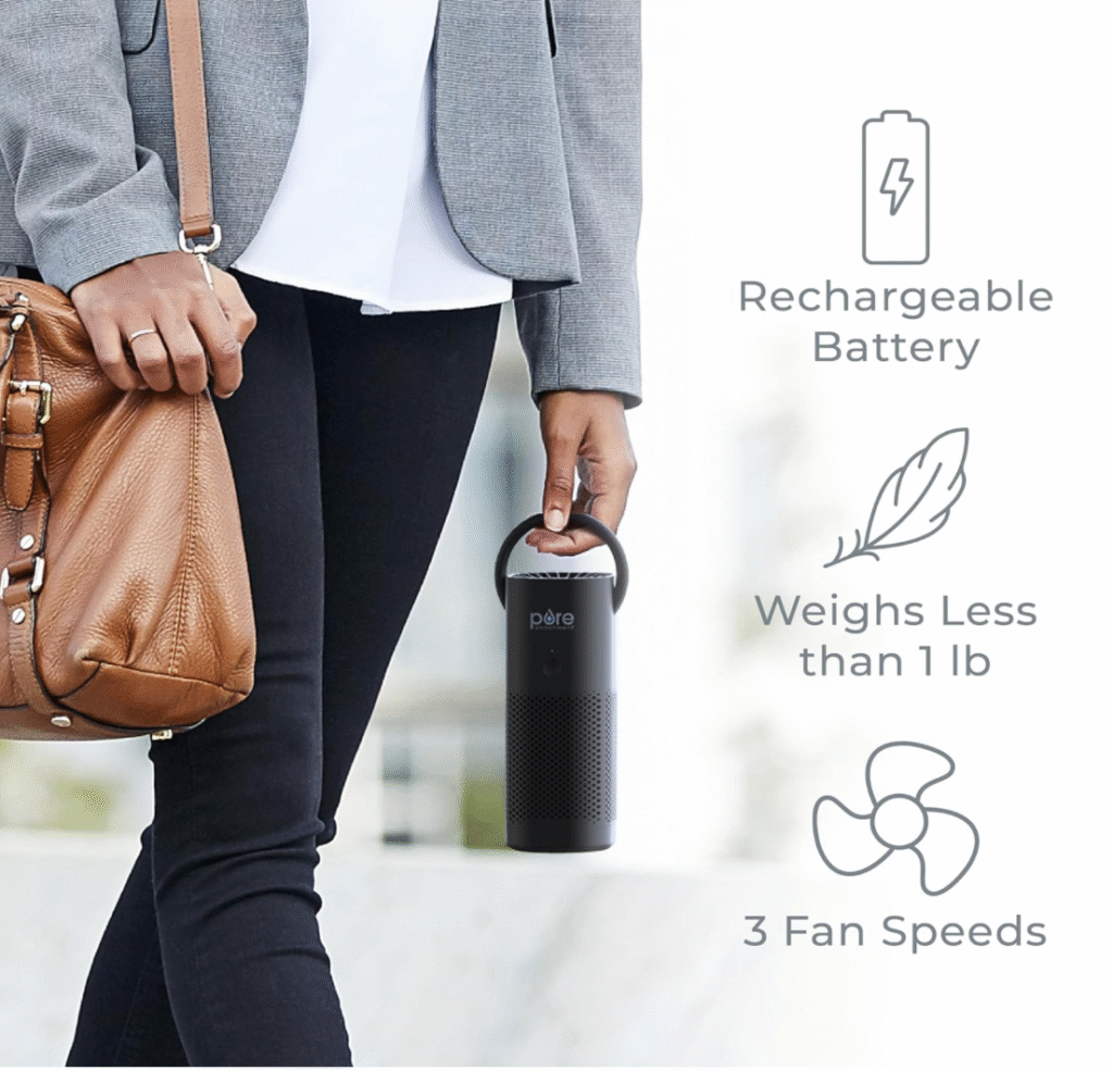 A person carrying the Pure Enrichment Portable Air Purifier with a rechargeable battery, weighing less than 1 lb, and featuring 3 fan speeds. The compact design makes it perfect for travel.