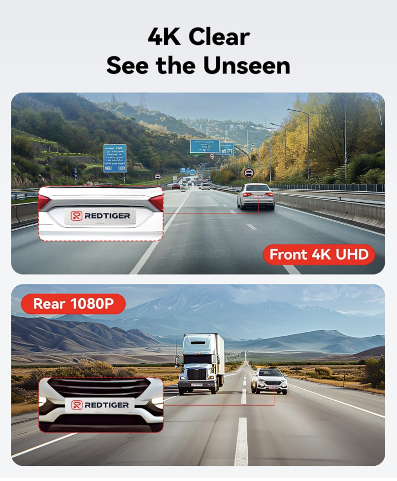REDTIGER F7NP Dash Cam displaying 4K UHD front and 1080P rear video clarity capturing license plates on highways