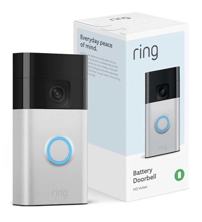 Ring Battery Doorbell Plus displayed next to its retail box, showcasing the device’s silver and black design with a glowing blue ring button.