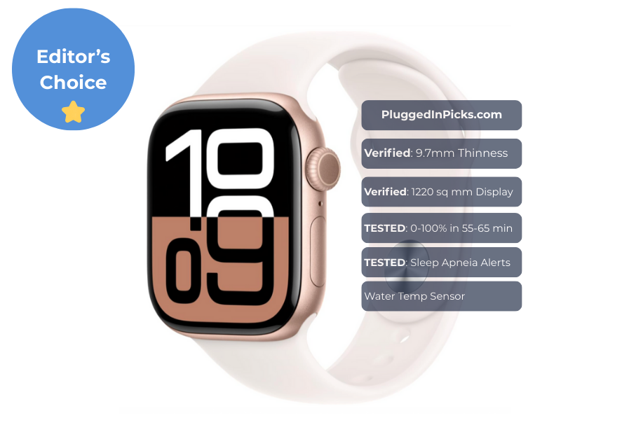 A branded review summary of the Apple Watch Series 10 by PluggedInPicks. The graphic features a 46mm Jet Black model with overlay boxes verifying the 9.7mm thickness, the 1220 sq mm display area, and the 60-minute full charge testing result. A bottom bar displays the final verdict: "The Definitive 2026 Everyday Watch.