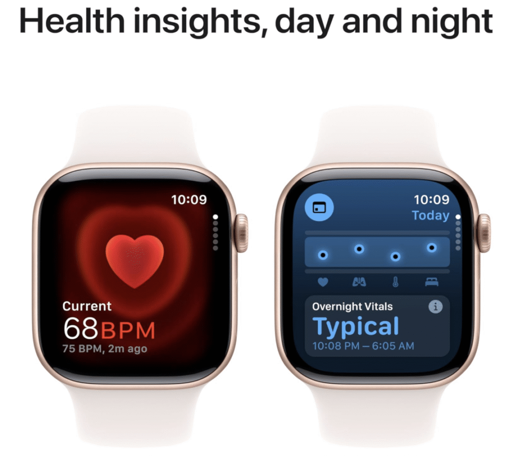 Apple Watch Series 9 showing heart rate and overnight health tracking on always-on display
