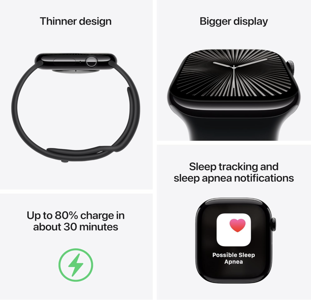 Apple Watch Series 9 highlighting thinner design, bigger display, sleep tracking, and fast charging
