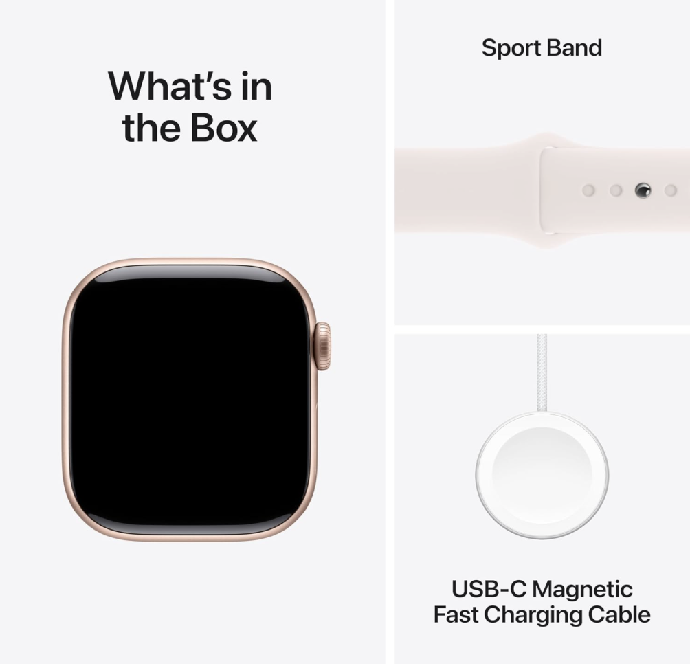 Apple Watch Series 9 box contents showing watch, sport band, and USB-C magnetic fast charging cable