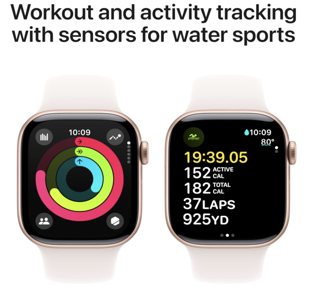 Apple Watch Series 9 tracking workout activity and water sports performance with detailed stats
