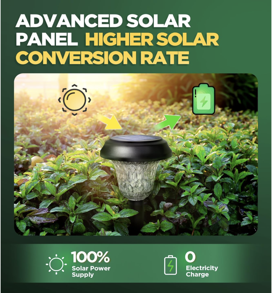 AUVERI solar light in sunlight highlighting its advanced solar panel with high conversion rate and 100% solar power supply, no electricity required.