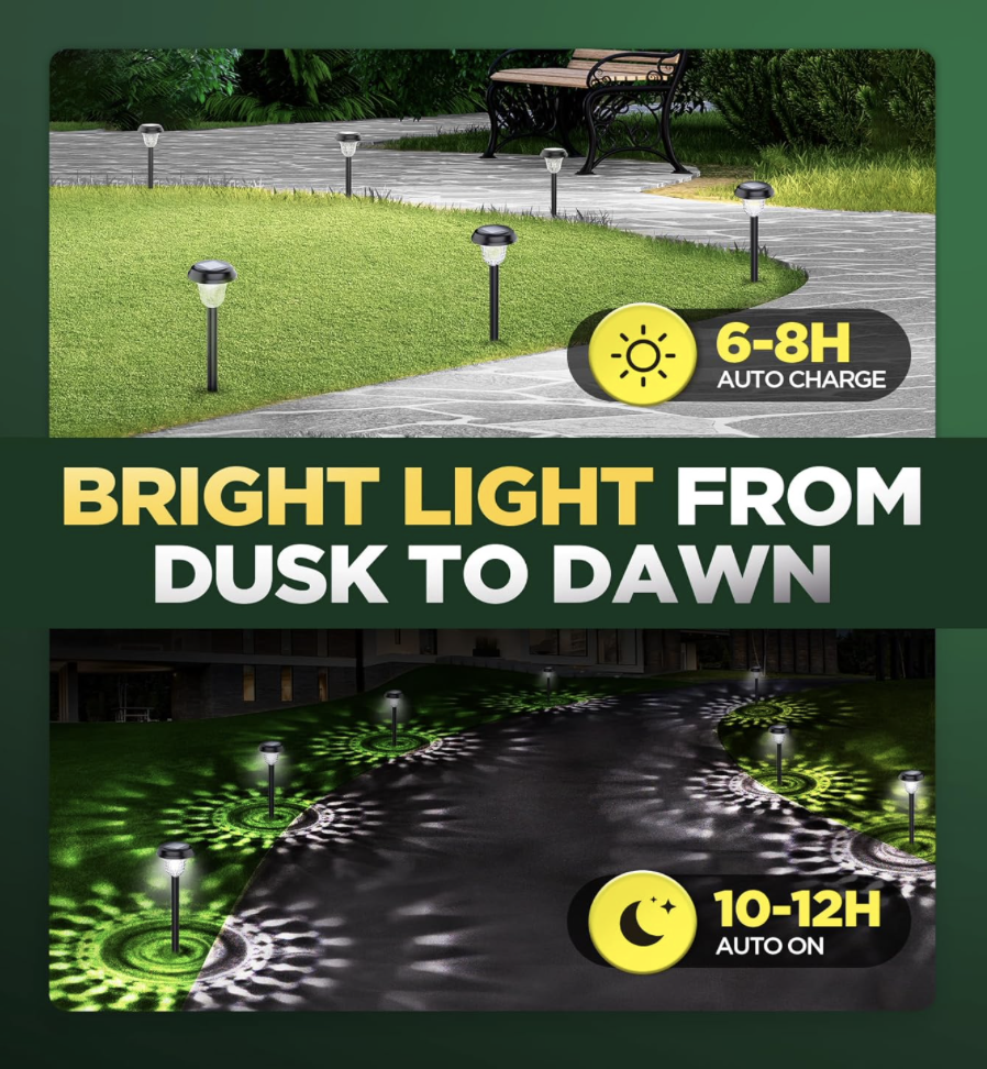 AUVERI solar lights shown charging in daylight for 6–8 hours and automatically illuminating walkways at night for 10–12 hours with bright petal-pattern lighting.