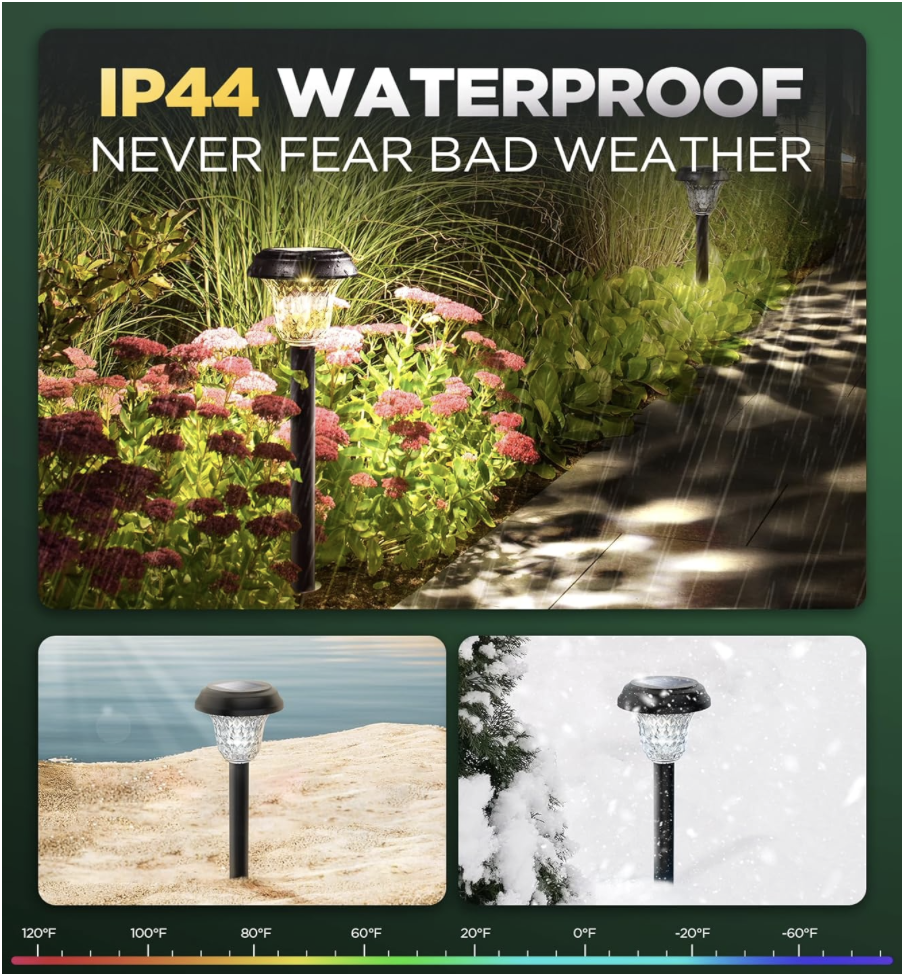 AUVERI solar garden lights shown in rain, snow, and sun conditions with an IP44 waterproof rating, designed to operate from -20°F to 120°F in all weather.