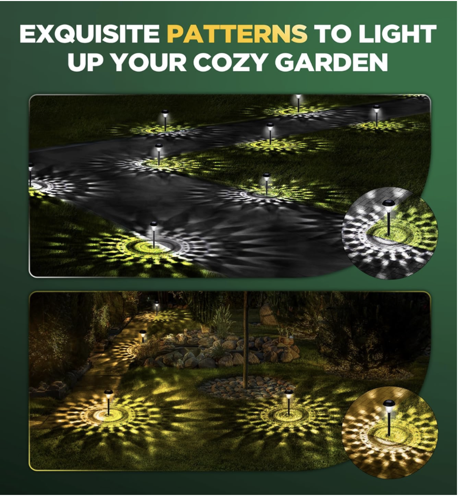 AUVERI solar lights projecting intricate petal-shaped patterns in both cool and warm white settings across walkways and garden spaces at night.