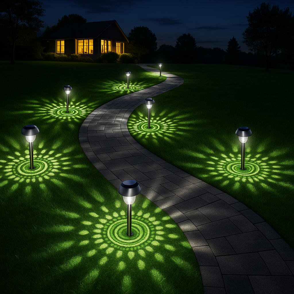 Auveri Solar Lights in front of a house illuminated