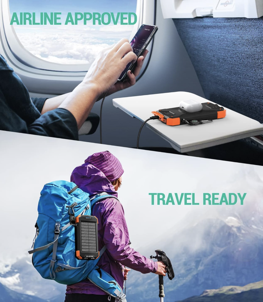 BLAVOR solar power bank used on an airplane tray and clipped to a hiker’s backpack, showing airline approval and travel-readiness