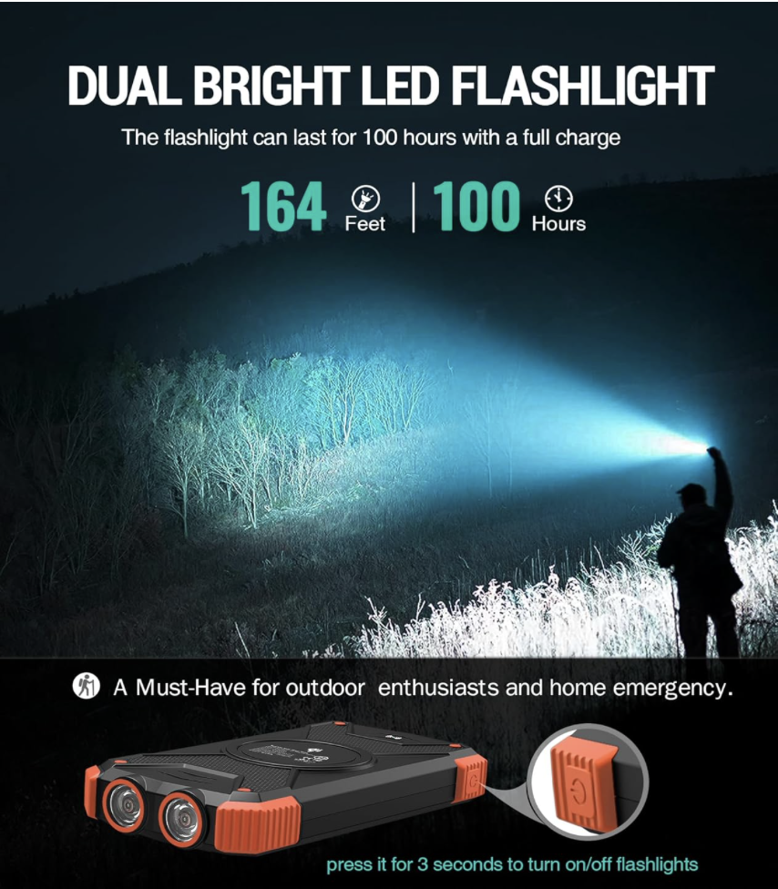 BLAVOR solar power bank’s dual LED flashlight lighting up a forest at night, with labeled 164 feet range and 100-hour runtime
