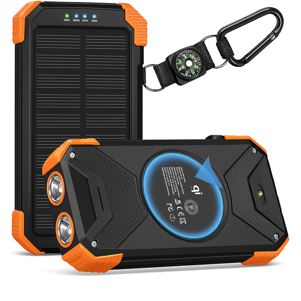 BLAVOR 10,000mAh solar power bank with wireless charging, dual flashlights, and compass carabiner for outdoor use