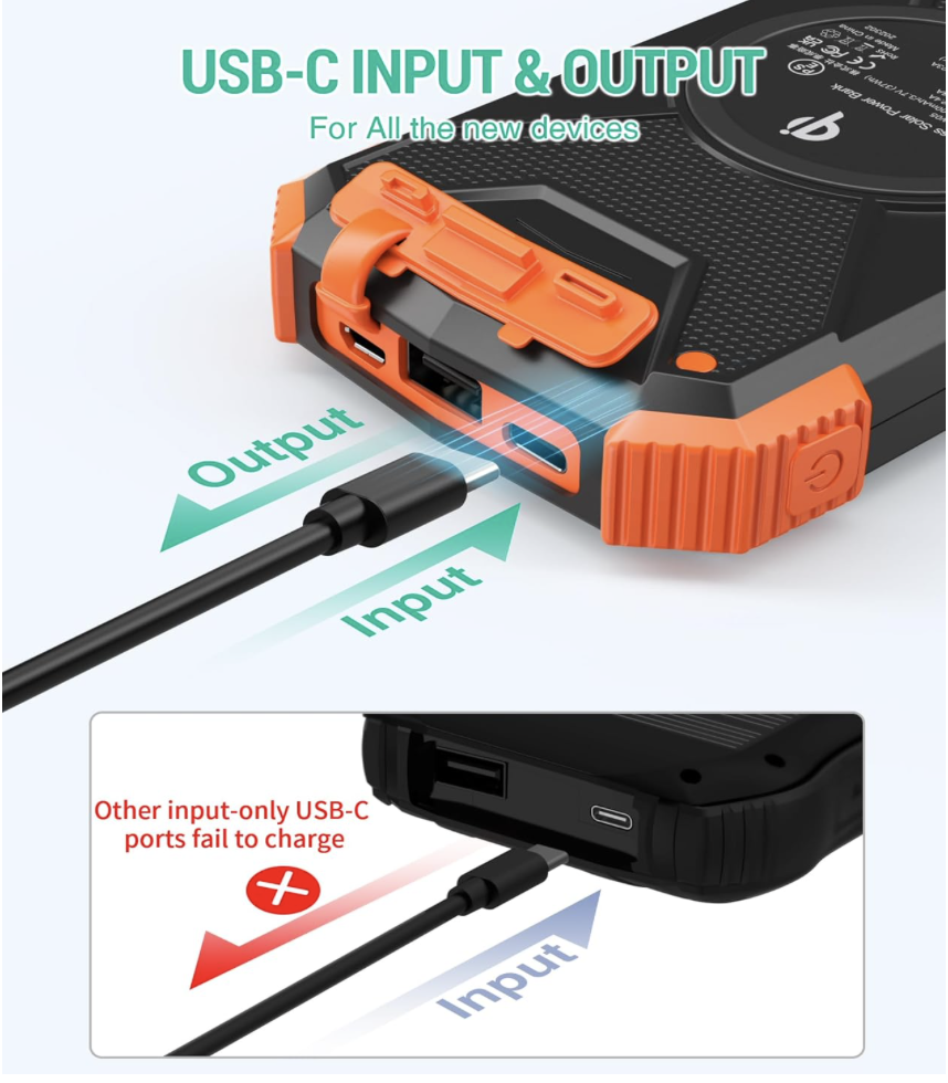 BLAVOR power bank showing USB-C input and output ports with directional diagram for charging compatibility