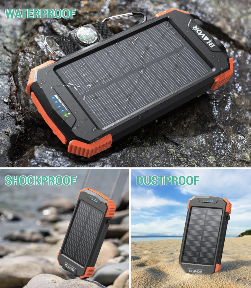 BLAVOR solar power bank shown in outdoor environments demonstrating its waterproof, shockproof, and dustproof durability