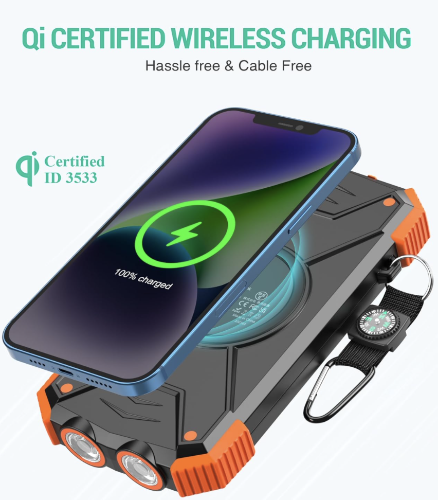 BLAVOR solar power bank with Qi-certified wireless charging showing a smartphone fully charged on top