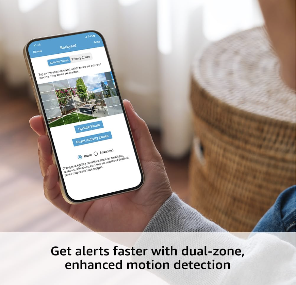 Blink app showing dual-zone motion detection and activity zone customization on smartphone screen