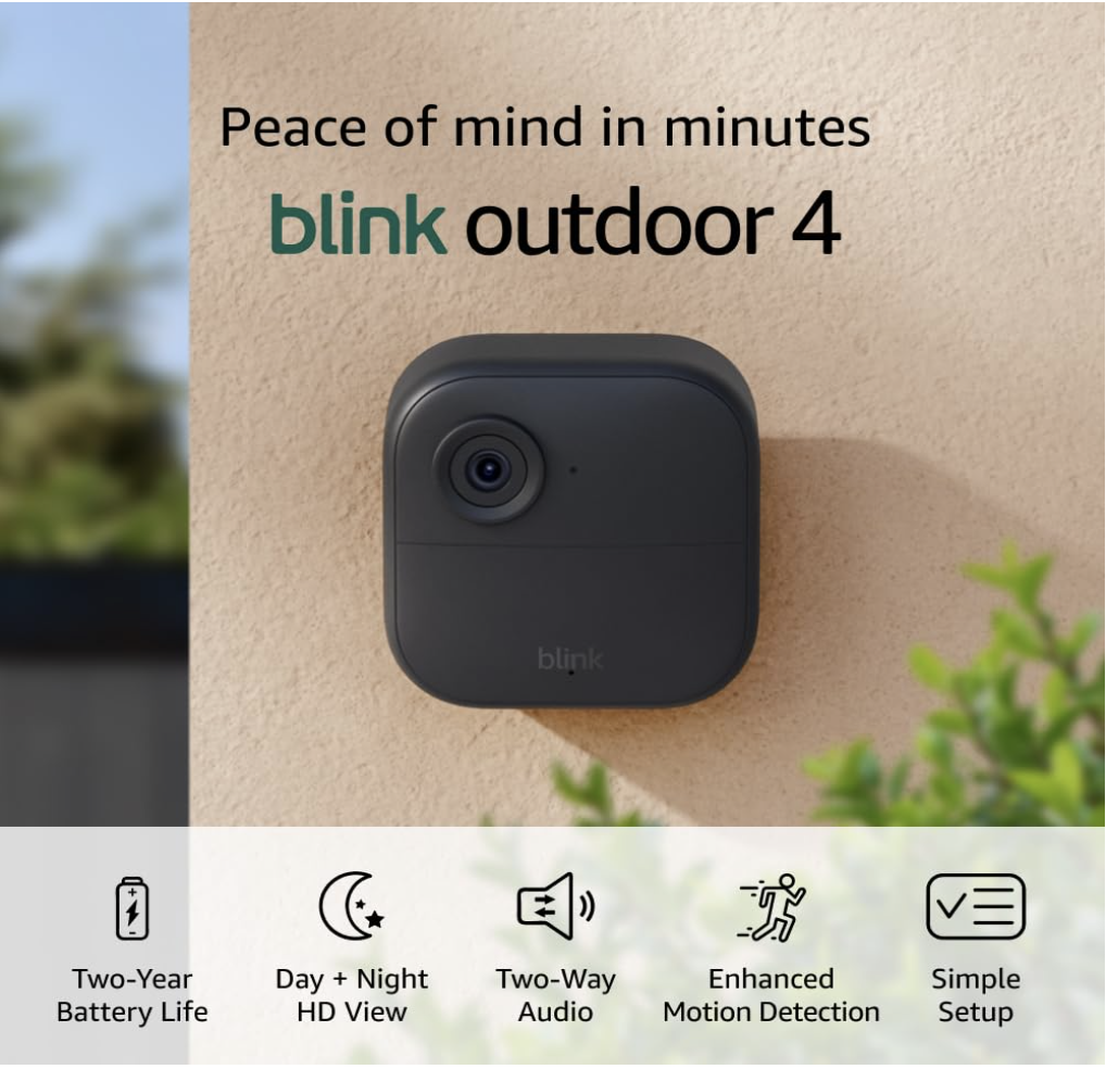 Blink Outdoor 4 camera mounted on wall with icons highlighting two-year battery life, HD view, two-way audio, motion detection, and easy setup