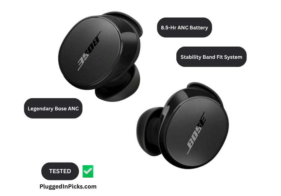 Bose QuietComfort Earbuds 2024 in black showing compact stemless design with stability band fit system and dual earbud configuration