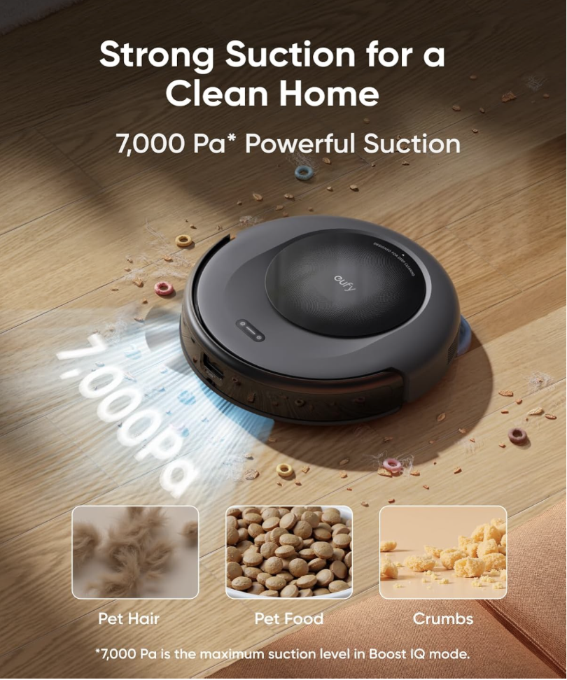 eufy Omni C20 Robot Vacuum with 7,000 Pa suction power, efficiently picking up pet hair, pet food, and crumbs.