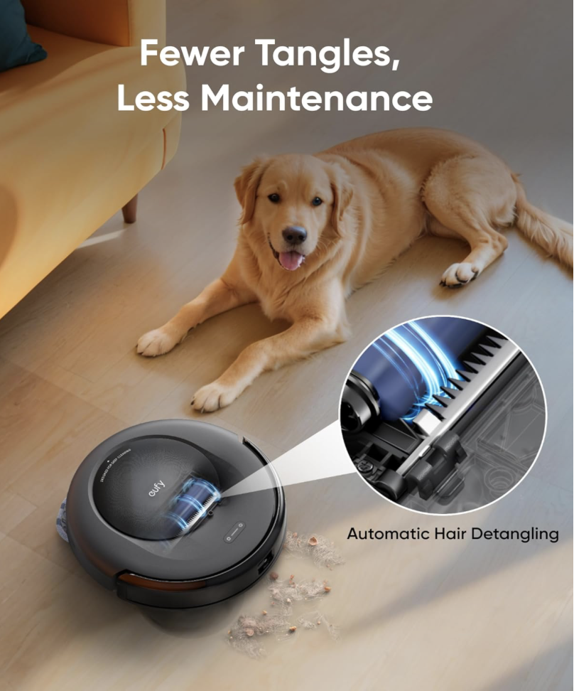 eufy Omni C20 Robot Vacuum with automatic hair detangling feature, cleaning pet hair with ease.