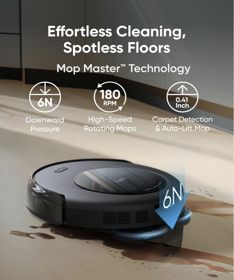 eufy Omni C20 Robot Vacuum using Mop Master™ Technology with 6N downward pressure and high-speed rotating mops for effortless cleaning.