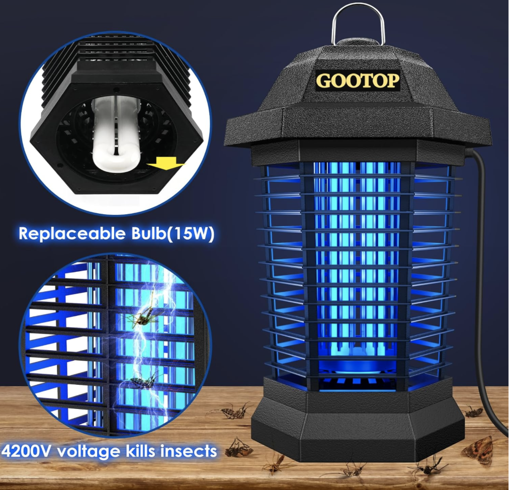 GOOTOP Bug Zapper with replaceable 15W UV bulb and 4200V electric grid shown zapping mosquitoes