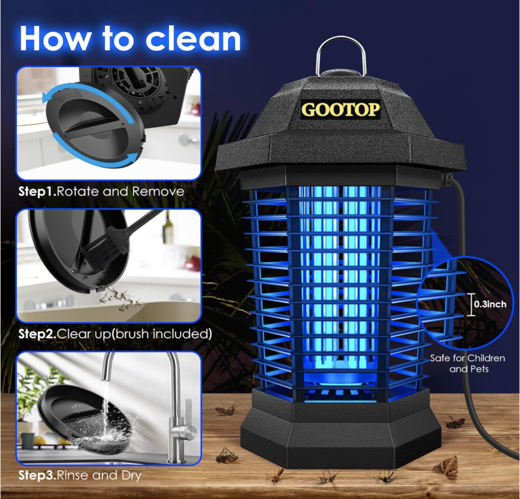 GOOTOP Bug Zapper cleaning instructions showing how to rotate and remove the tray, clear it with the included brush, and rinse and dry