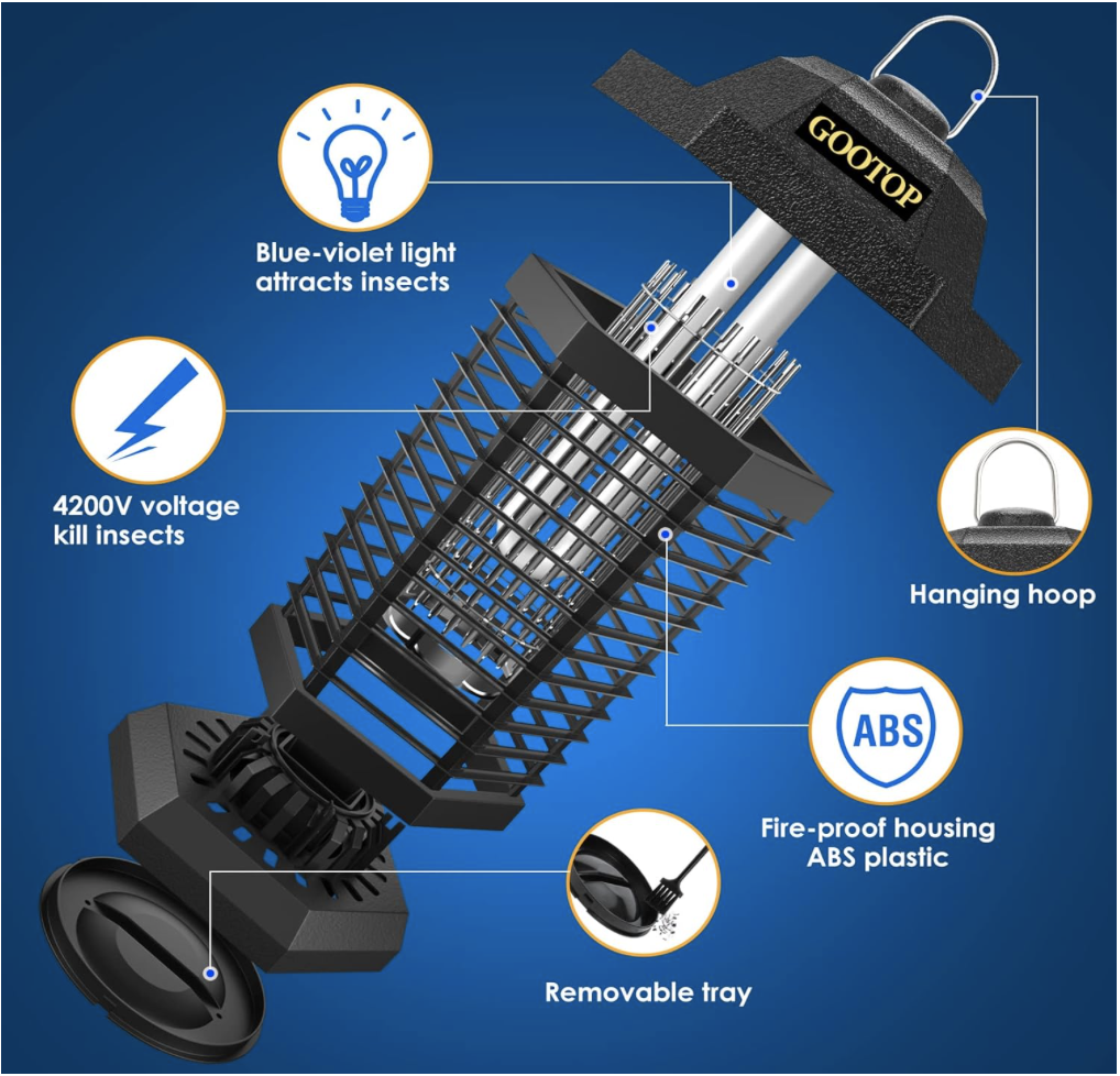 GOOTOP Bug Zapper exploded view showing internal components including UV bulb, electric grid, fireproof ABS housing, hanging hook, and removable tray