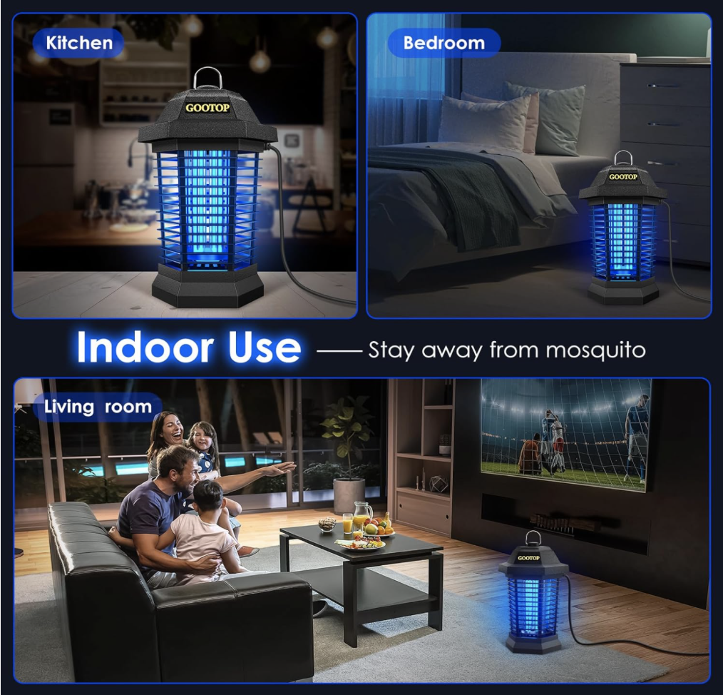 GOOTOP Bug Zapper shown in a kitchen, bedroom, and living room setup with families using it indoors