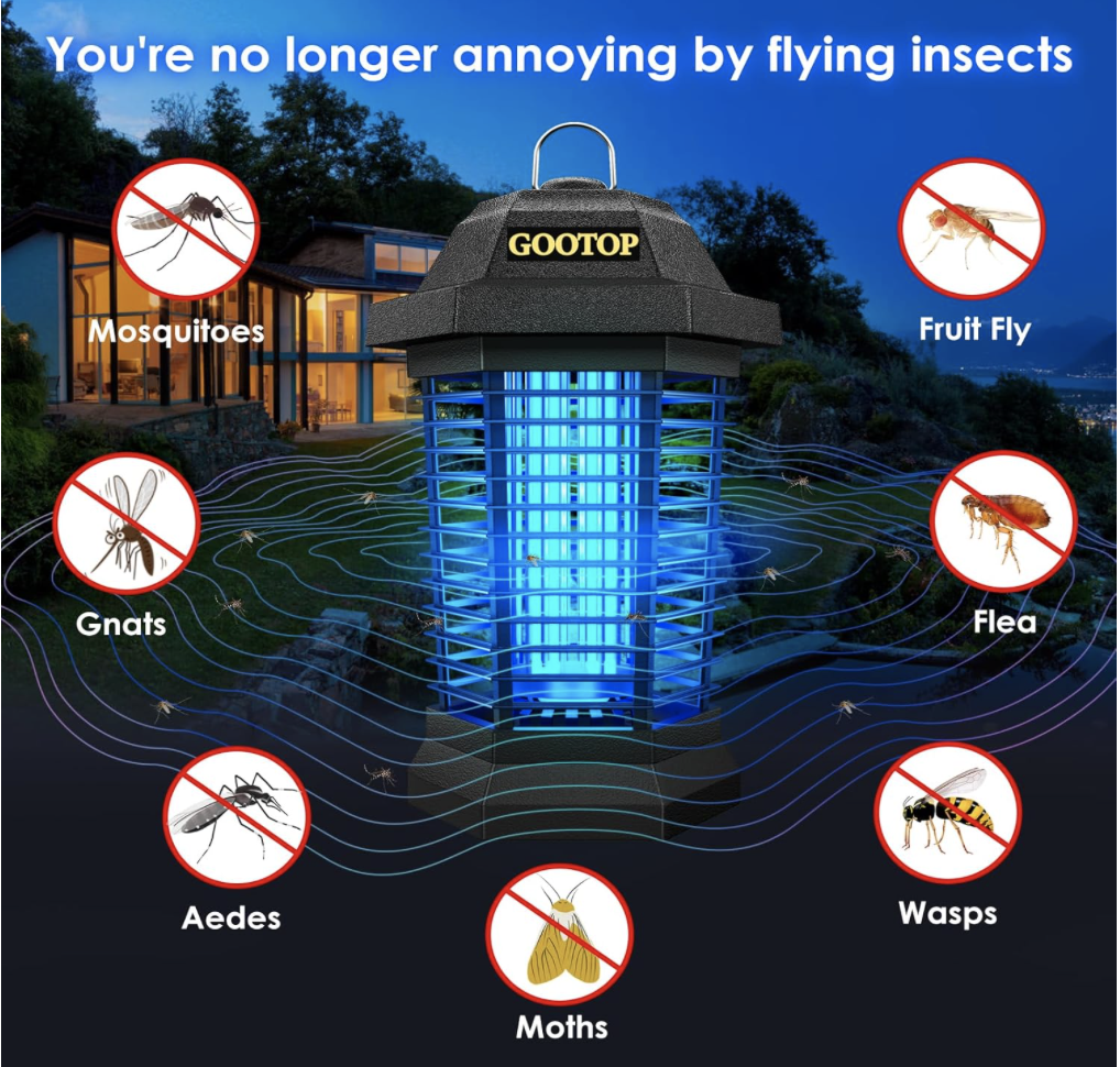 GOOTOP Bug Zapper illustration showing protection against mosquitoes, gnats, moths, fruit flies, wasps, and other flying insects in a backyard setting