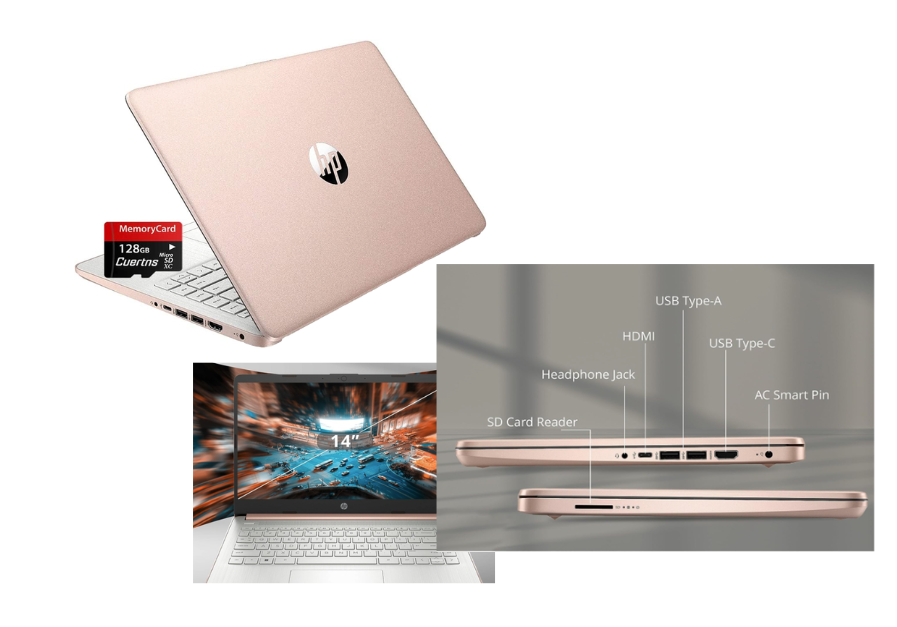 Collage of HP Stream 14 laptop showing port selection.