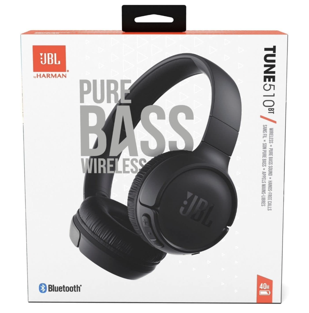 JBL Tune 510BT Wireless On-Ear Headphones retail box with Pure Bass and Bluetooth features