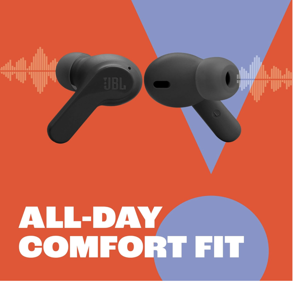 JBL Vibe Beam earbuds highlighting all-day comfort fit with ergonomic design for extended wear.