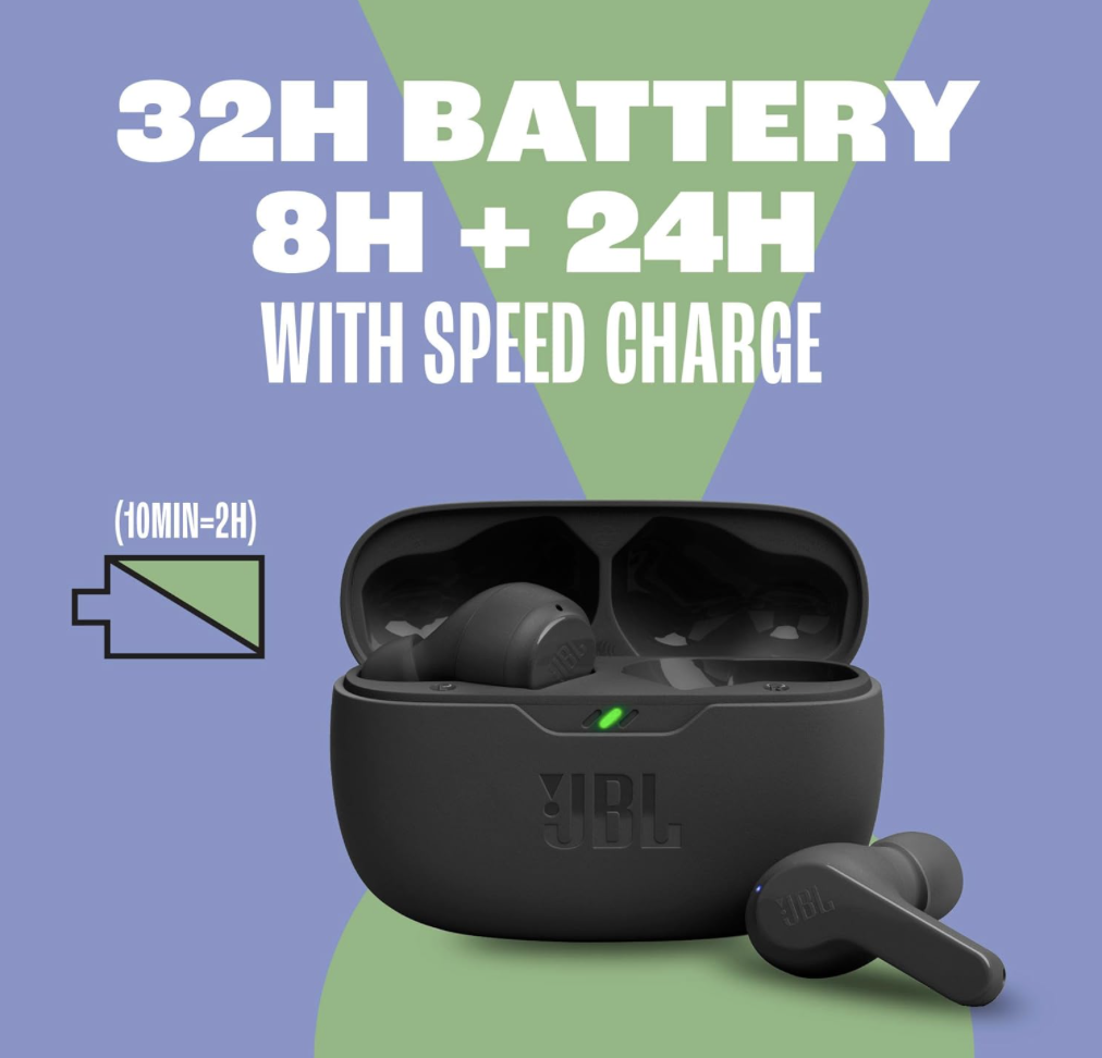 JBL Vibe Beam earbuds showing 32 hours total battery life with speed charge feature (8H + 24H), and quick charge providing 2 hours of playtime from 10 minutes of charging.