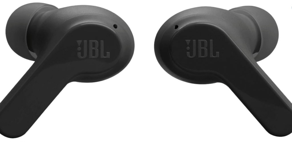 Close-up view of JBL Vibe Beam wireless earbuds showcasing sleek design and in-ear tips
