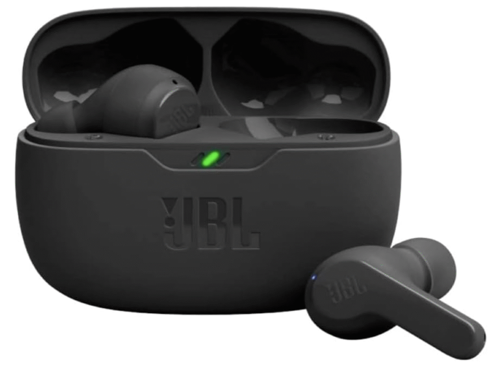 JBL Vibe Beam wireless earbuds with charging case and one earbud displayed outside the case