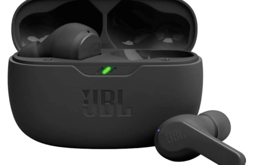 JBL Vibe Beam wireless earbuds with charging case and one earbud displayed outside the case