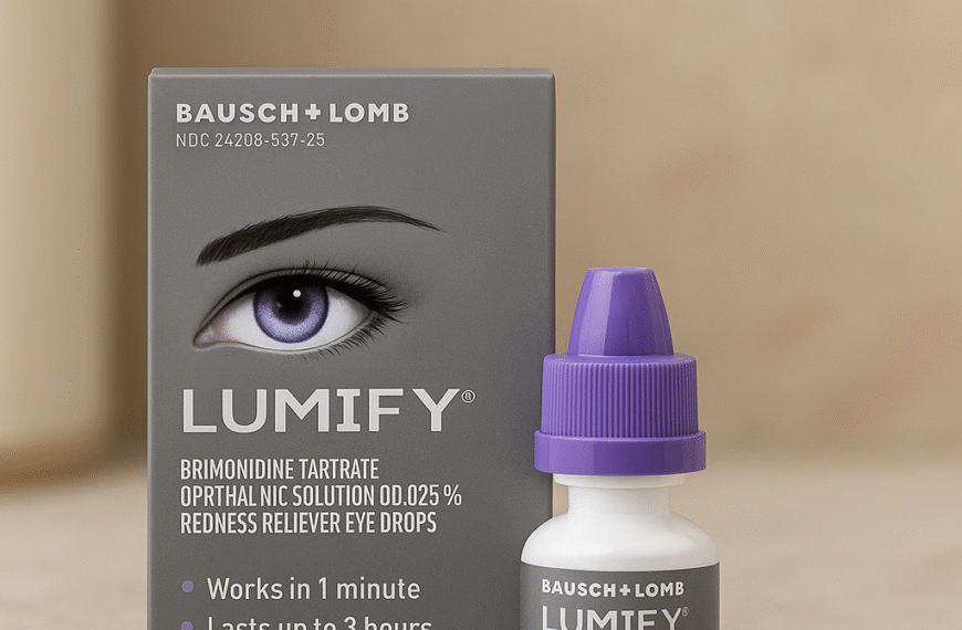 Close-up of Lumify Eye Drops 7.5mL bottle and packaging by Bausch + Lomb, featuring claims of 1-minute redness relief and up to 8 hours of lasting effect.