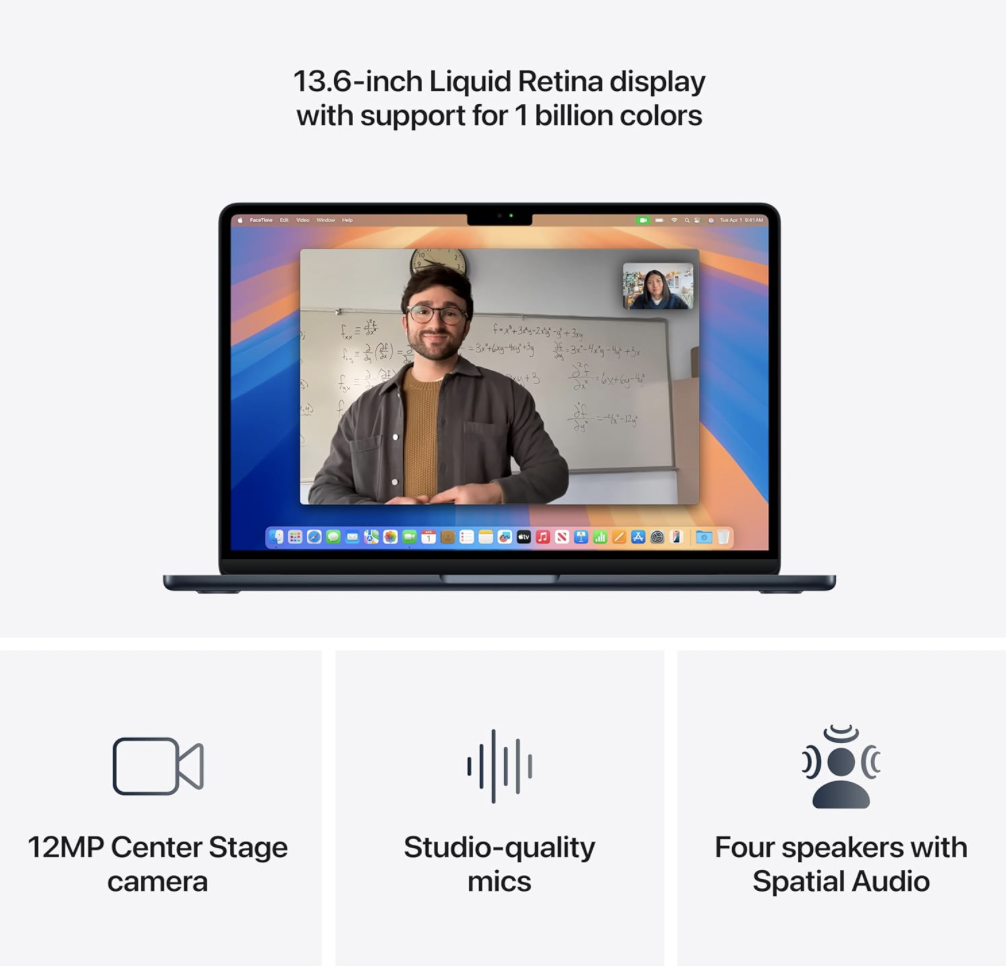 2025 MacBook Air showing Liquid Retina display, Center Stage camera, studio mics, and spatial audio